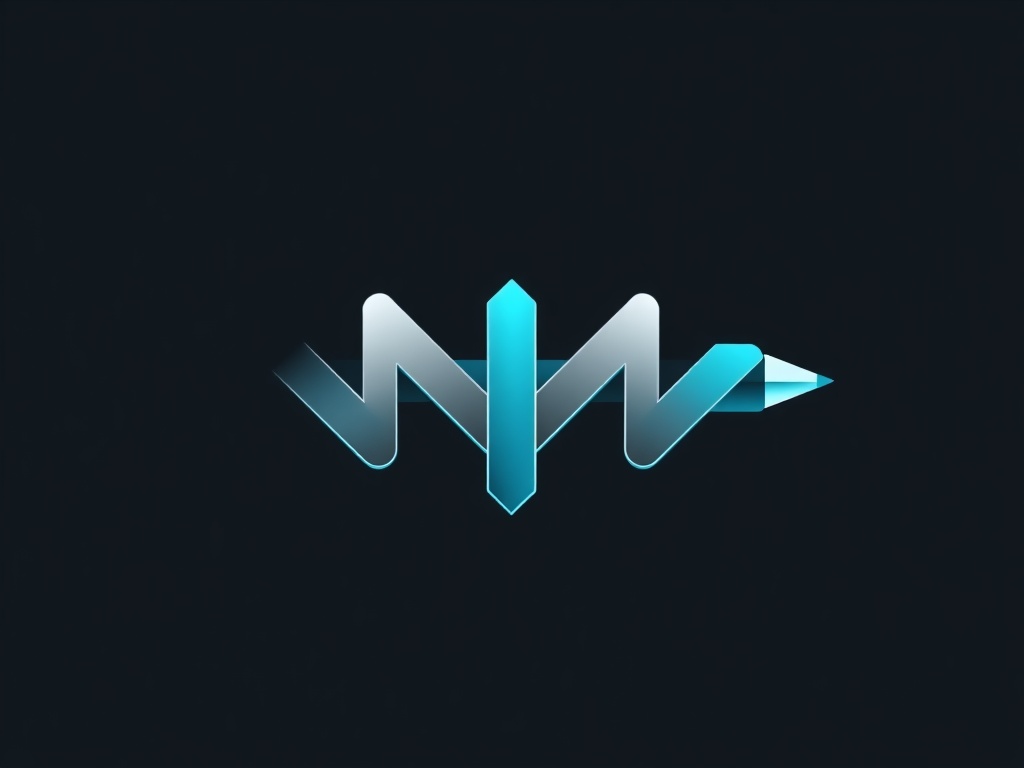 A dynamic, minimalist logo composed of abstract geometric shapes resembling a stylized 'M' and a pencil tip, rendered in silver and turquoise gradients on a dark background. 8k, 3D rendering.